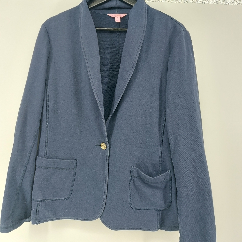 Lilly Pulitzer Navy Blue Size XL Knit Cotton Spandex One Button Blazer